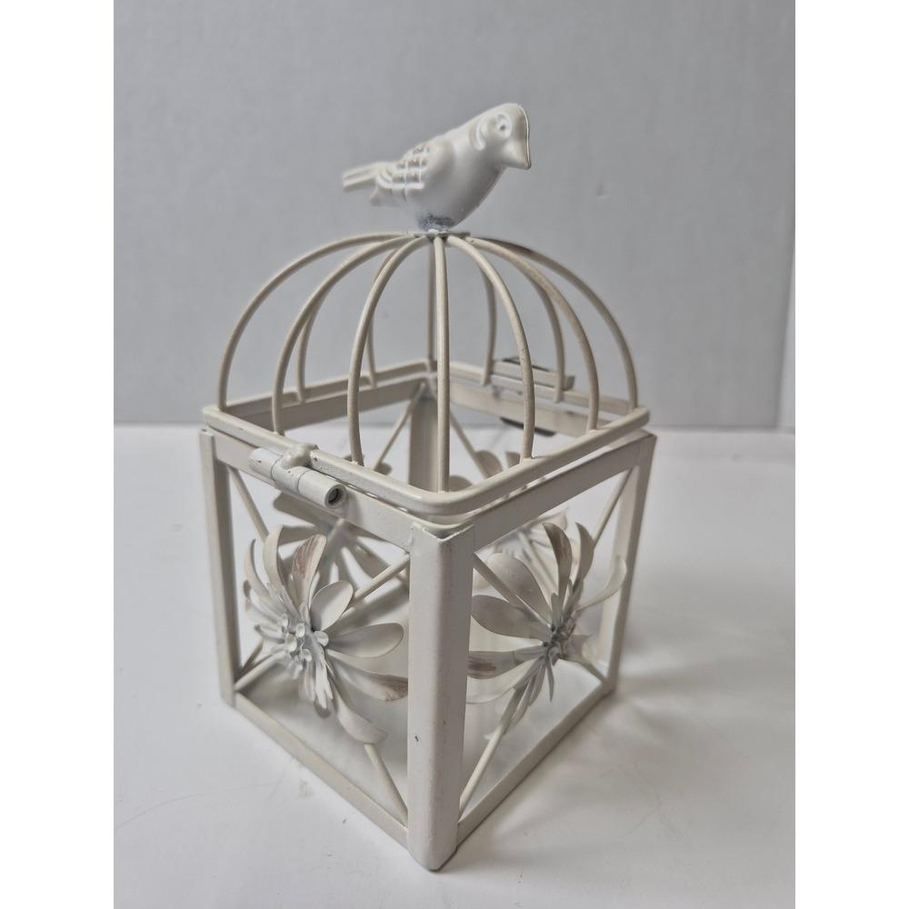 Vintage Shabby Chic White Metal Birdcage Lantern Floral Tea Light Holder 6.5in